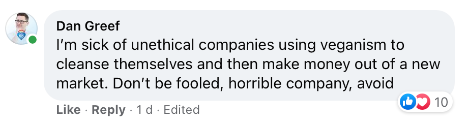 Vegan Facebook Group post