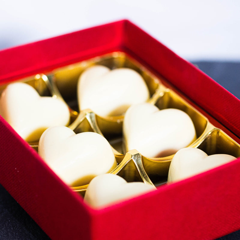 6 White, Raspberry Filled Hearts (box of 6 low sugar chocolates)