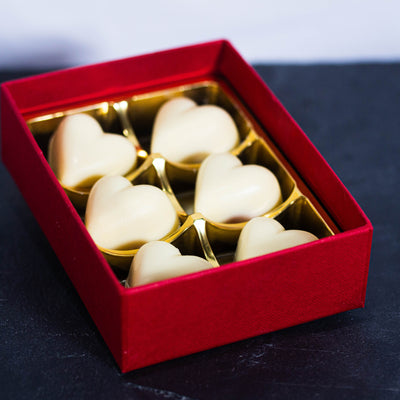 6 White, Raspberry Filled Hearts (box of 6 low sugar chocolates)