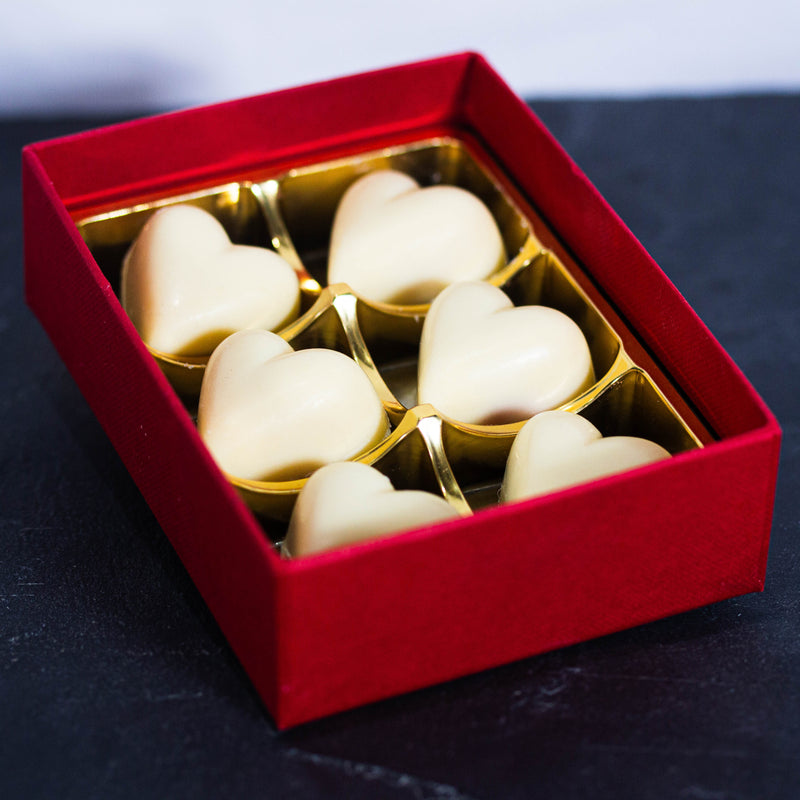 6 White, Raspberry Filled Hearts (box of 6 low sugar chocolates)