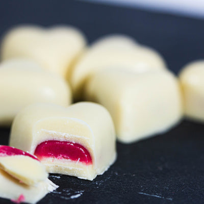 6 White, Raspberry Filled Hearts (box of 6 low sugar chocolates)